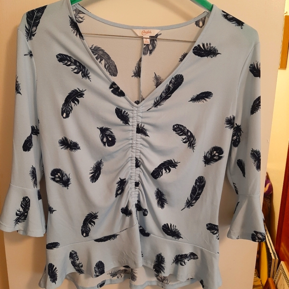 Candie's Ruched Blue Feather Blouse L